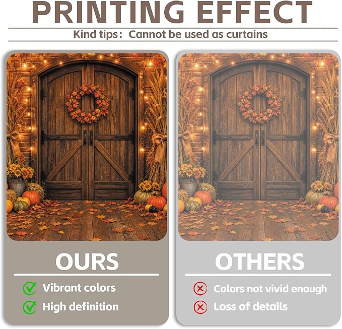 Rustic Barn Wooden Door Fall Backdrop 7x5ft Brick Wall Maple Leaf String Light Thanksgiving Background Pumpkin Sunflower Haystack Harvest Autumn Famliy Party Decorations Vinyl - Image 3