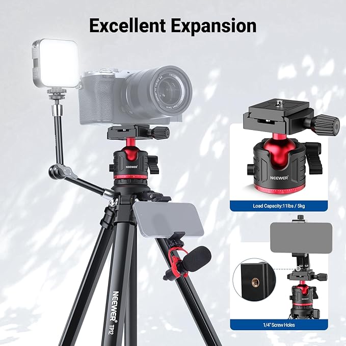 NEEWER Basics 66.5"/169 cm Travel Tripod for Camera, Lightweight Portable DSLR Stand with Ball Head, Arca Type QR Plate, Cell Phone Holder Compatible with iPhone Video Recording, Max Load 11 lb, TP12 - Image 5