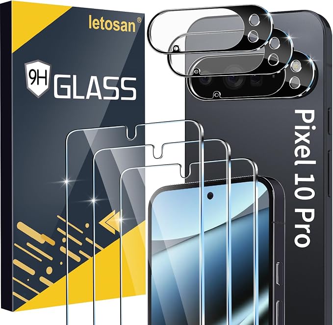 letosan 3 Pack for Google Pixel 10 Pro Screen Protector Tempered Glass + 3 Pack Camera Lens Protector, Military Grade Shatterproof, 9H Hardness, Fingerprint Unlock,Case Friendly 6.3 Inch by letosan