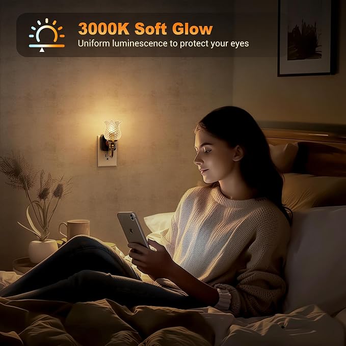JandCase Night Light, Glass Night Lights Plug into Wall Dimmable | Floral LED Nightlight, 0-100LM Flower Nightlights, Dusk to Dawn Sensor, 1W Vintage Nite Light for Bathroom Hallway Gift Decor - Image 4