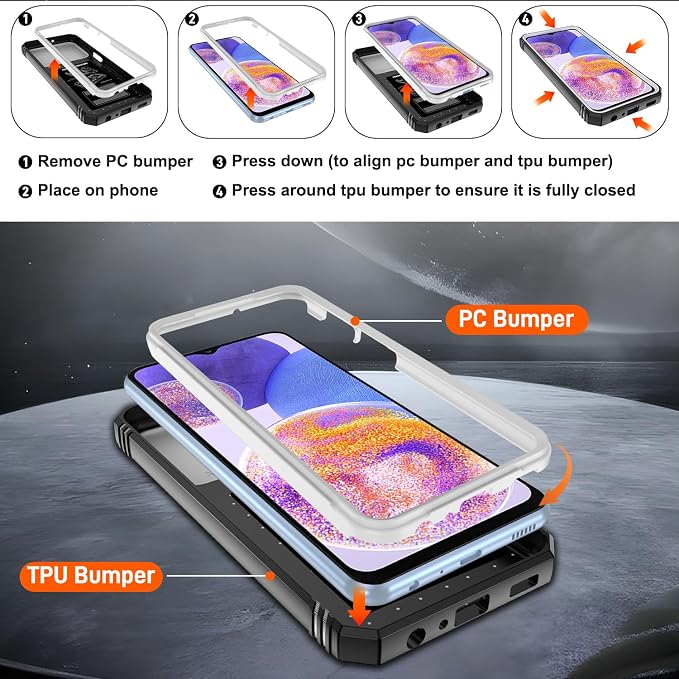 Gritup for Galaxy A23 5G Case Military-Grade Shockproof with Kickstand | (   ) with 2 PCS Screen Protector, Slide Camera Cover, Heavy Duty Funda para A 23 5G Cover, White+Black - Image 4