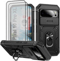Case for Google Pixel 10 Pro XL/Pixel 9 Pro XL, with 3 Pcs Tempered Glass Screen Protector Built in Ring Stand Kickstand + Camera Cover, Hard PC Soft TPU Defender Full Body Protective Case - Black by Unknown