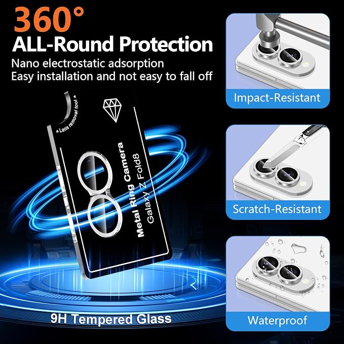 for Samsung Galaxy Z Fold 8 Camera Lens Protector, Individual Metal Ring Tempered Glass Lens Cover, [Strong Adsorption] Scratch Resistant Ultra-Thin HD Clear Lens Cover, 1 Set-Silvery - Image 2