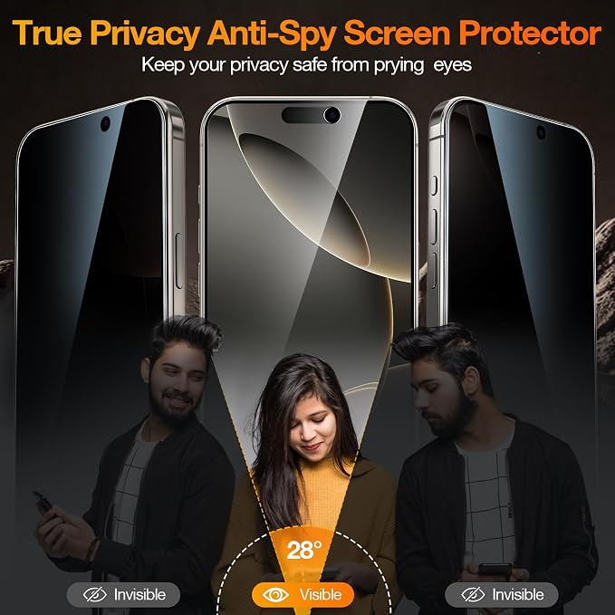 YMHML Compatible for iPhone 16 Pro Privacy Screen Protector Tempered Glass, Anti Spy Privacy Screen for iPhone 16 Pro 6.3 Inch Accessories, 3 Pack, Private Case Friendly Film, Easy Installation Tool - Image 2