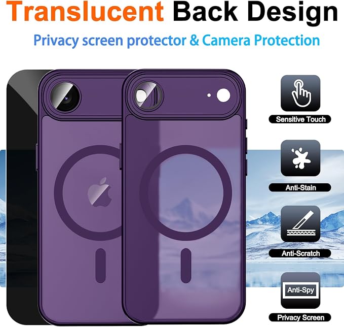 for iPhone Air Case with Privacy Screen Protector, Purple | Full Camera Protector, Magnetic, Compatible with MagSafe, Translucent Matte Shockproof Cover for iPhone 17 Air Women Girls - Image 2