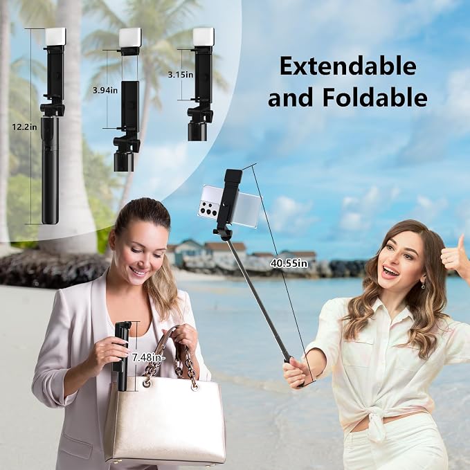 Selfie Stick, 40 in Retractable Phone Tripod with Wireless Remote Control & Light, Portable Selfie Stick Tripod for Photograph, Live Streaming, Video Recording, Compatible with All Cellphones - Image 6