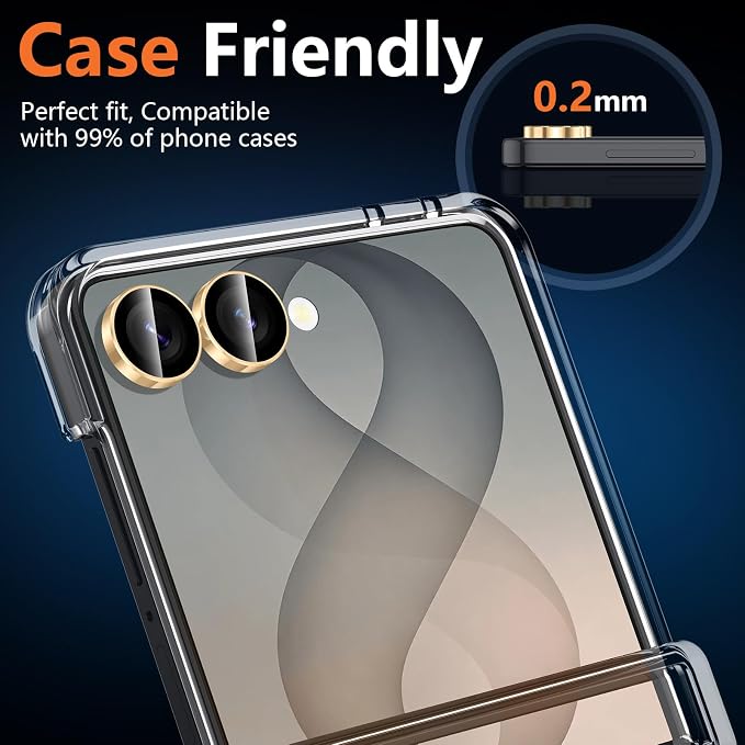 for Samsung Galaxy Z Flip 8 Camera Lens Protector, Individual Metal Ring Tempered Glass Lens Cover, [Strong Adsorption] Scratch Resistant Ultra-Thin HD Clear Lens Cover, 1 Set-Gold Ring - Image 6