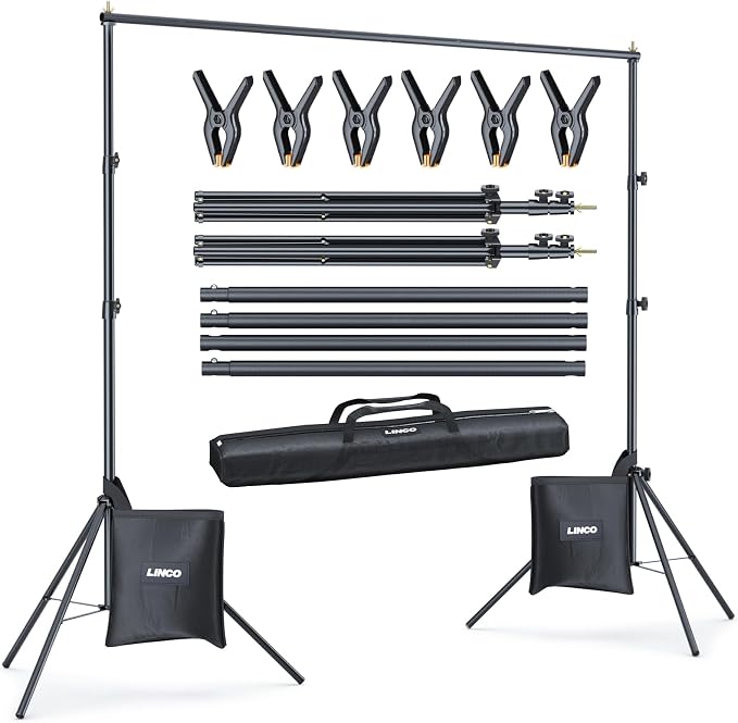 LINCO Lincostore Backdrop Stand Kit 10x7ft for Photography | Adjustable back drop holder frame with clamps, sand bags, carry bag for party, event decoration, wedding & photo studio by LINCO