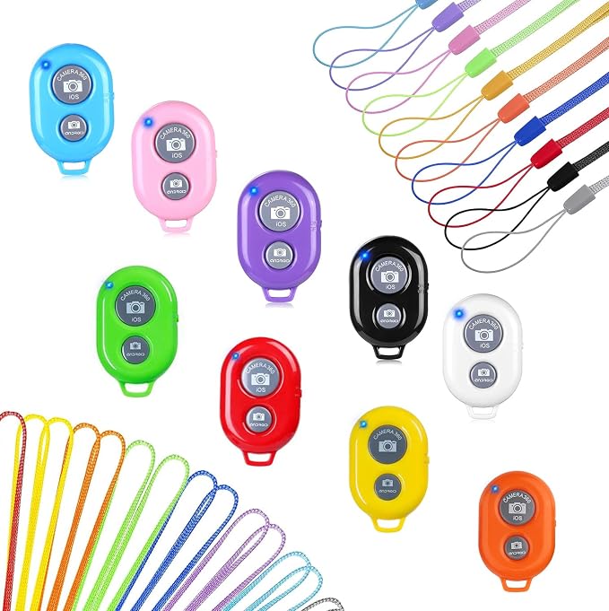 Cellphone Remote Shutter for Smartphones and Tablets (Colorful-9-pack), AOQIYUE Wireless Camera Remote Control Compatible with iPhone/Android Cellphone Wrist Strap Included by EszkozTA