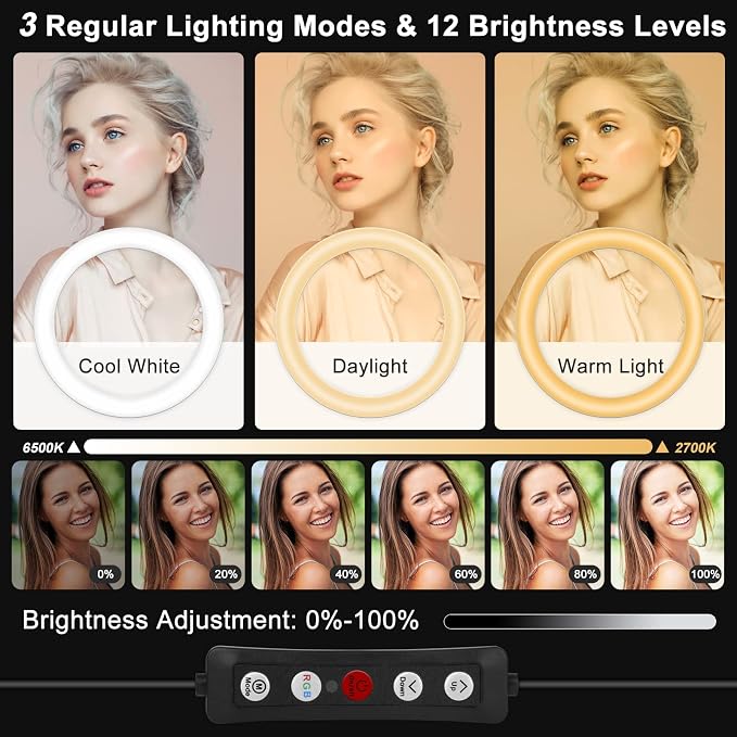  13" Selfie Ring Light with Stand and Phone Holder, 76" Tripod | 96 Lighting Mode, Remote for iPhone &Android LED Halo Light for Photo/iPad Video Recording Vlogging Circle Ringlight Kit - Image 2