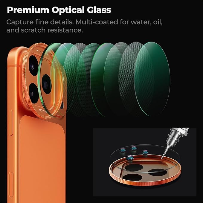 K&F CONCEPT Snap-On ND2-32 Filter Compatible with iPhone 17 Pro & Pro Max | 11.2g Ultra-Lightweight Variable ND Lens Filter with Snap-on Deco Mount, AGC Glass 28-Layer Coating, FA301 - Image 4