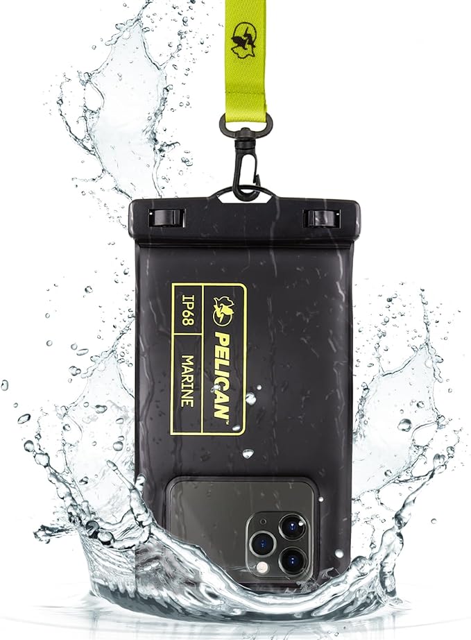 Pelican Marine Waterproof Phone Pouch (Regular) -Black/Hi-Vis Yellow | Touchscreen IP68 Floating Waterproof Phone Case w/Detachable Lanyard - Fits All Phones - Beach Cruise Ship Travel Essentials by Unknown