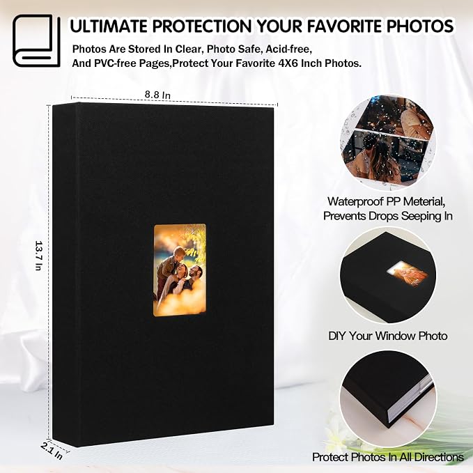 4x6 Photo Album Holds 360 Photos Writing Space, PU Leather, Black | Clear Acid-Free Sleeves, Memo Writing Areas, Front Display Window, Baby, Wedding, Travel & Family Picture Keepsakes - Image 3