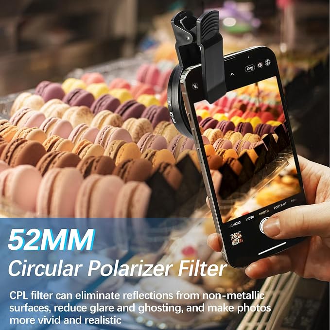 52MM Circular Polarizer Filter for Phone, Clip-on CPL Phone Camera Lens Filter Compatible with iPhone 16 15 14 13 and Other Smart Phones, Ultra Slim Multi-Coated CPL Lens Filter with Case - Image 4