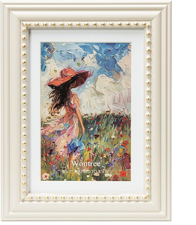 5x7 Picture Frame in Beige with Classic Gold Beaded Border, Solid Wood with Real Glass, Display 5x7 Photos Matted to 4x6, Vertical and Horizontal Desk Tabletop or Wall Hanging by Wontree