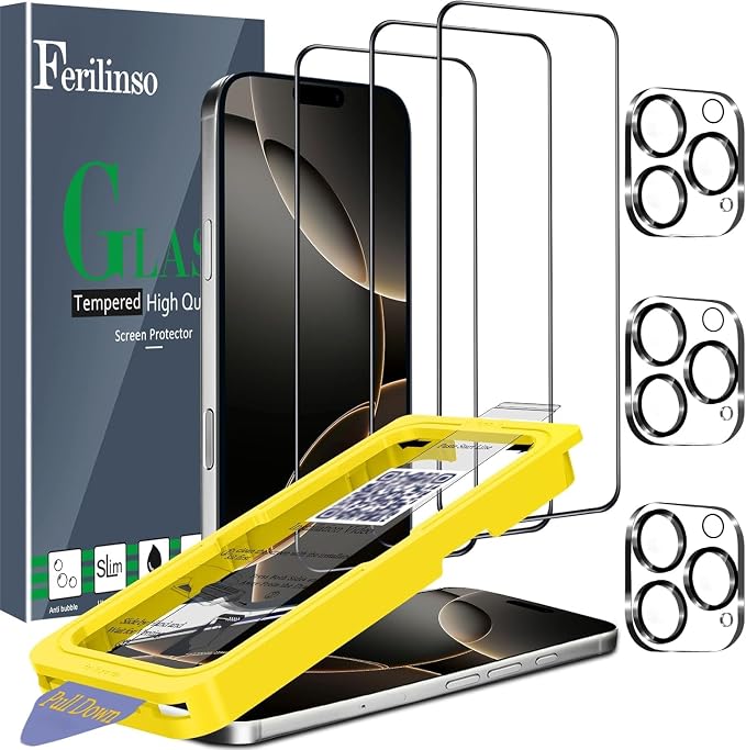 Ferilinso 3 Pack Screen Protector for iPhone 16 Pro Max, Tempered Glass | 9H+ Hardness, Military-Grade Shatterproof, HD Clear, Case Friendly, Easy Installation Bubble Free, with Camera Lens Protector by Ferilinso