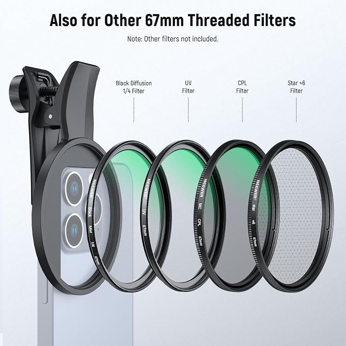 NEEWER 67mm Variable ND Filter Compatible with iPhone, Clip On ND2-32 Neutral Density Phone Lens Photography Accessories Kit Compatible with iPhone 17 16 15 Pro Max Plus 16e 14 13 mini, FL-B25 - Image 4