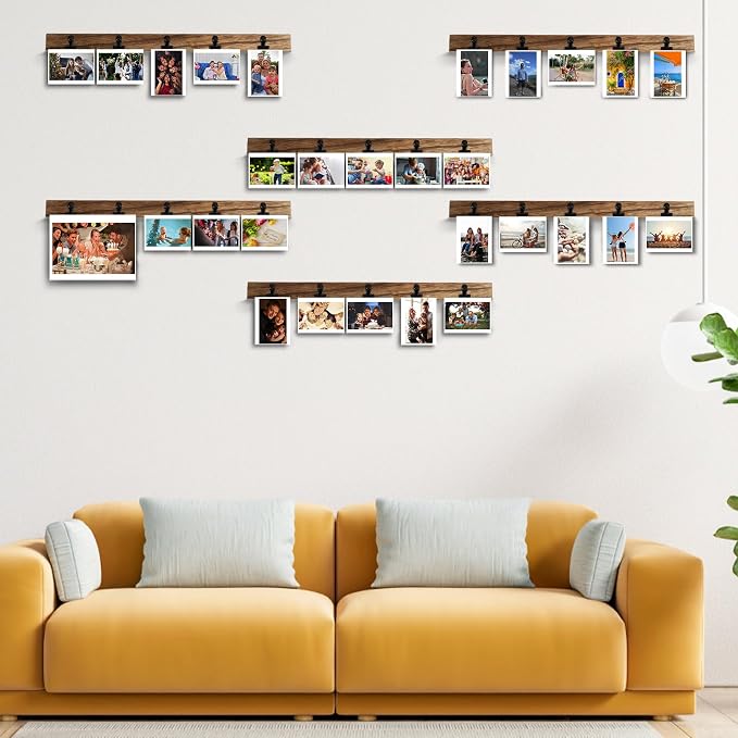 6 Wooden Wall Hanging Photo Frames With 27 Clips, Decorative Collage Picture Frame, No Drilling Required, Adhesive Stickers, Easy to Install, Carbonized Brown - Image 3