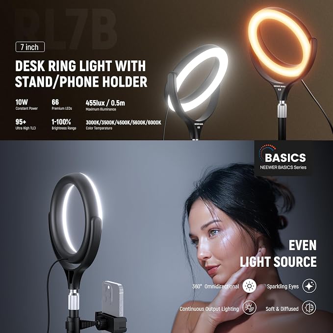 NEEWER Basics 7" Desk Ring Light with Stand/Phone Holder Compatible with iPhone, 10W CRI95+ Bi Color LED Selfie Light for TikTok Recording Laptop Webcam Zoom Video Conference Lighting Makeup, RL7B - Image 2