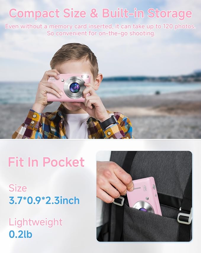Digital Camera for Kids, FHD 1080P 44MP Point and Shoot Digital Camera with Face Detect, Smile Capture, 16X Zoom, 20 Filters, Anti Shake, Pink Compact Vintage Camera - Image 7