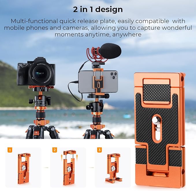 K&F Concept 68" Carbon Fiber Camera Tripod, Metal Ball Head for DSLR | 22lbs Load, Detachable Monopod, Compact Tripods with Phone Mount, Quick Release Plate, O255C4+BH-28L - Image 6