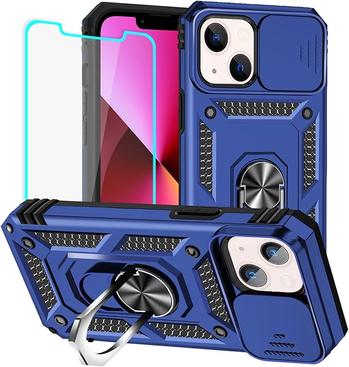 HNHYGETE for iPhone 13 Case with HD Screen Protector: [Military Grade 20ft. Drop Tested] Slide Camera Cover Ring Shockproof Protective Phone Case for - iPhone 13 (Blue) by HNHYGETE