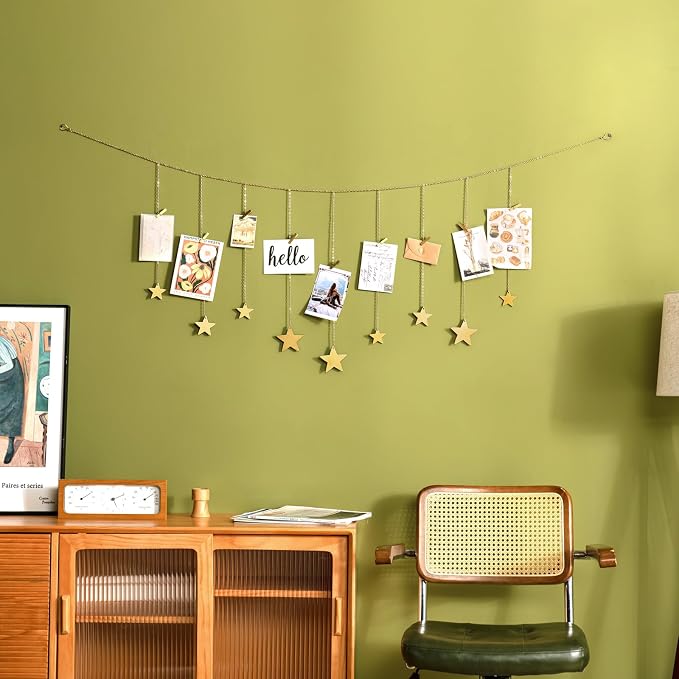 Mkono Hanging Photo Display, Boho Picture Wall Decor, 25 Wood Clips, Gold | Teen Girl Gift, Artworks Cards Holder, Wooden Stars, Metal Chains, Bedroom Living Room Dorm Office, Christmas Birthday - Image 3