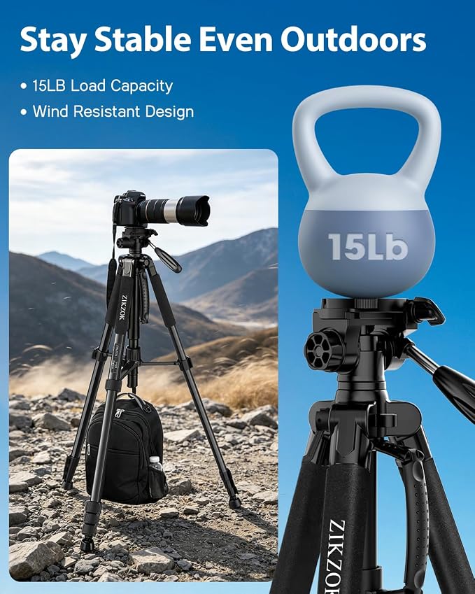 75" Camera Tripod, Aluminum Heavy Duty Camera Stand for ipad Phone, Travel Tripod with/Carry Bag/Phone Tablet Holder, Compatible with Canon Nikon Sony DSLR, Spotting Scopes, Max Load 15 Lb(Black) - Image 3