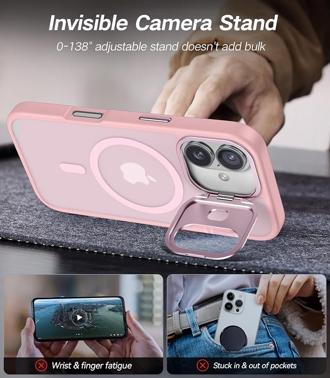VOFATA [Upgraded] for iPhone 16 Case with Camera Cover Stand [Fit for MagSafe][9H Camera Lens Protector] Mil-Grade Protection Translucent Matte Silicone Magnetic iPhone 16 Phone Case, Pink - Image 3