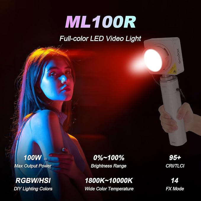 Godox ML100R RGB LED Video Light with 25600mAh Grip 110W Full-Color | Portable Video Light 1800K-10000K CRI 97+/TLCI 98+, 14 FX Effects APP Control for Streaming/Outdoor Photography - Image 4