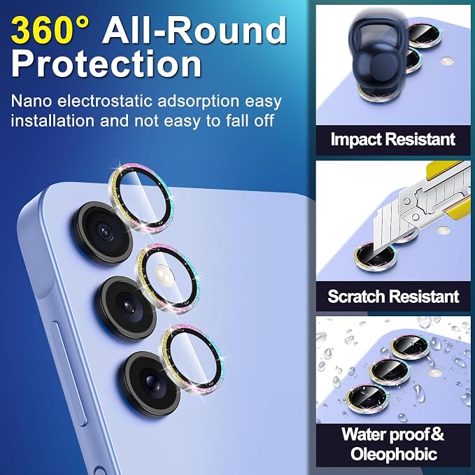 for Samsung Galaxy A35 5G Camera Lens Protector, Individual Metal Ring Tempered Glass Lens Cover, [Strong Adsorption] Scratch Resistant Ultra-Thin HD Clear Lens Cover, 1 Set-Colorful Sparkly - Image 3