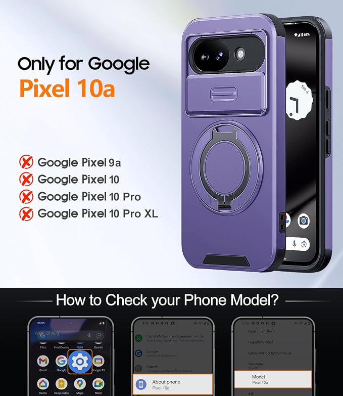 JAME for Google Pixel 10A Case with Ring Stand & Slide Camera Cover Purple | Ring Holder Kickstand, Screen Protectors, Dual-Layer Shockproof Protective, Magnetic Accessory Friendly Phone Case, Purple - Image 2