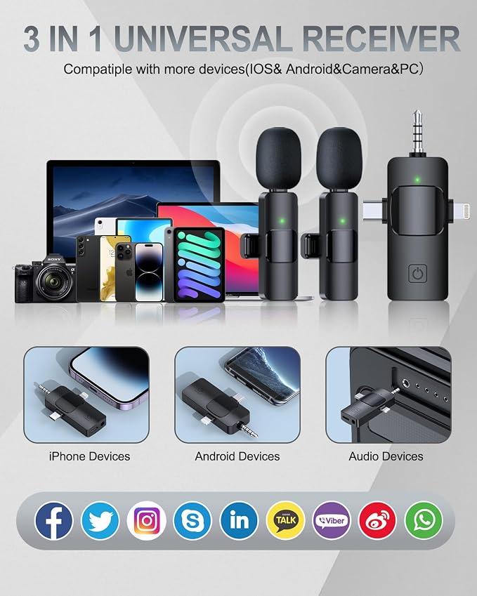 PQRQP 3 in 1 Professional Wireless Lavalier Microphone for iPhone/Android/Camera, Wireless Microphones, Mini Microphone, Crystal Clear Sound Quality for Recording, Live Streaming, Clips-Elegant Black - Image 8