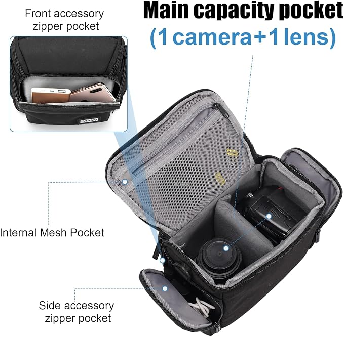 CADeN Compact Camera Shoulder Crossbody Bag Case Compatible for Nikon, Canon, Sony SLR/DSLR Mirrorless Cameras and Lenses Waterproof(1.0 S, Black) - Image 5