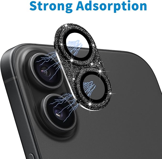 Compatible with iPhone 16 and 16 Plus Camera Lens Protector, Bling Sparkle Lens Cover 9H Tempered Glass Anti Scratch Shockproof Full Protective Camera Cover for Women Girls, Black - Image 4