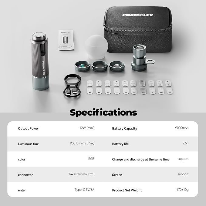 PHOTOOLEX RGB Photography Spotlight, Photography Flashlight, Optical Snoot | 360 ° Color/3500K-7000K/CRI96+/12 Effects/3 Optical Lens/12W Output/PRO, 20 Metal Gobo Filters/9000mAh/APP Control/Portable - Image 9