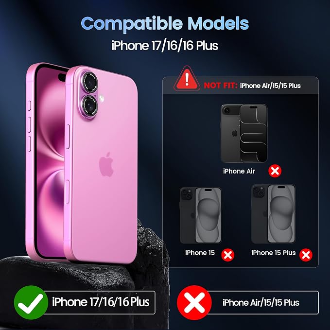 CACOE Metal Camera Lens Protector for iPhone 16/16 Plus/17 Cover | Tempered Glass Cover, Anti-Scratch, Drop-Proof, Strong Adhesion, Camera Screen Cover Accessories, Pink - Image 8