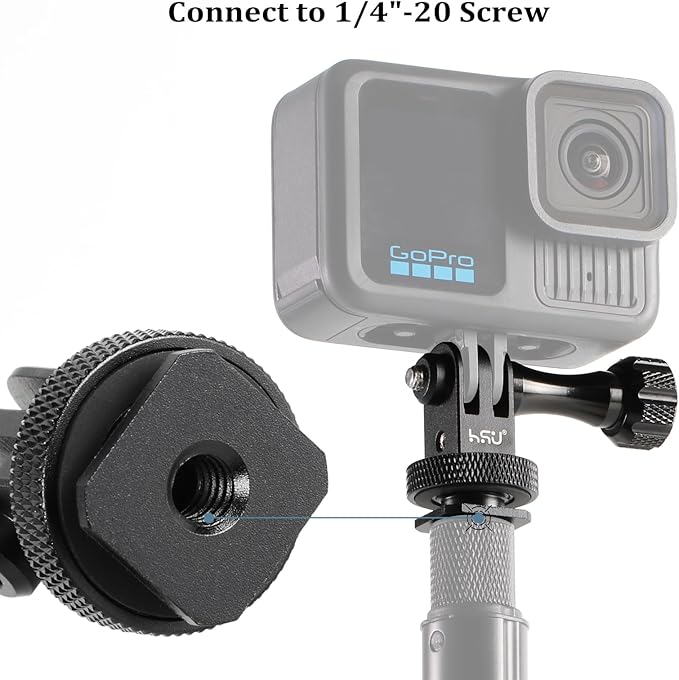 HSU Aluminum Cold Shoe Mount Adapter, 1/4”-20 Screw Hole Tripod Mount | for GoPro Hero 13/12/11/10/9/8/7/6, DJI Osmo Action AKASO, Applicable for Tripod Selfie Stick Monopod and DSLR Camera Flash - Image 3