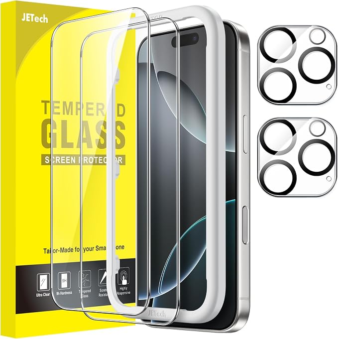 JETech Screen Protector for iPhone 16 Pro, 2+2 Pack | with Camera Lens Protector, HD Clear Tempered Glass, Anti-Scratch Protection, Easy Installation Tool by JETech