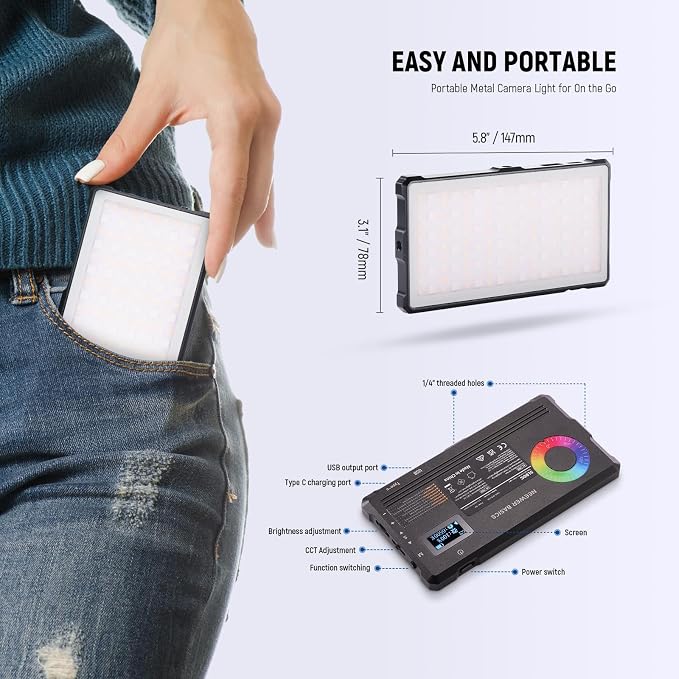 NEEWER Basics RGB Video Light, 9W 2700K-7500K Portable Full RGB Colors 17 Scenes CRI97, 4000mAh Rechargeable Metal Small LED Camera Panel Lighting for DSLR Tripod Streaming Video Recording, SL90C - Image 3