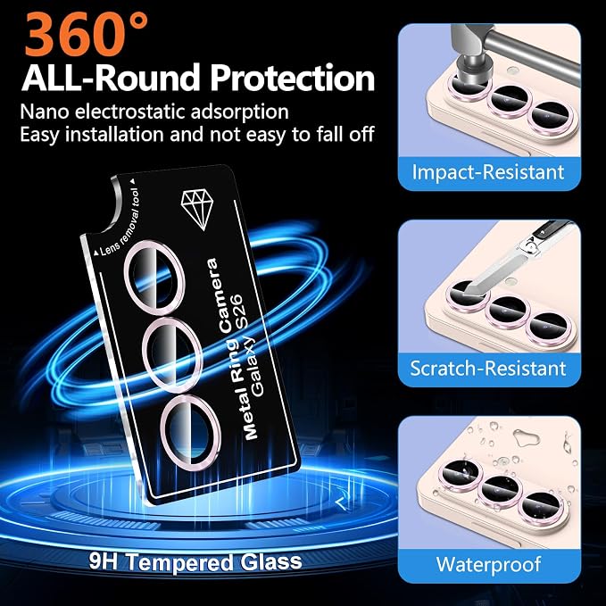 for Samsung Galaxy S26 Camera Lens Protector, Individual Metal Ring Tempered Glass Lens Cover, [Strong Adsorption] Scratch Resistant Ultra-Thin HD Clear Lens Cover, 1 Set-Pink - Image 2