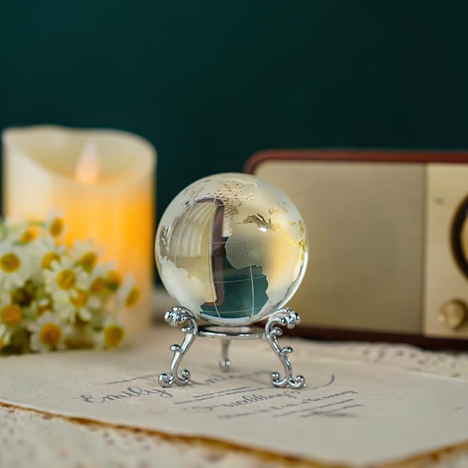 Crystal Globe World Globe Decor, 2.3" Glass Earth Ball with Stand | K9 Crystal Clarity, 2.3" Desktop Size, Stable Stand for Office, Study, Living Room & Gift Display - Image 2