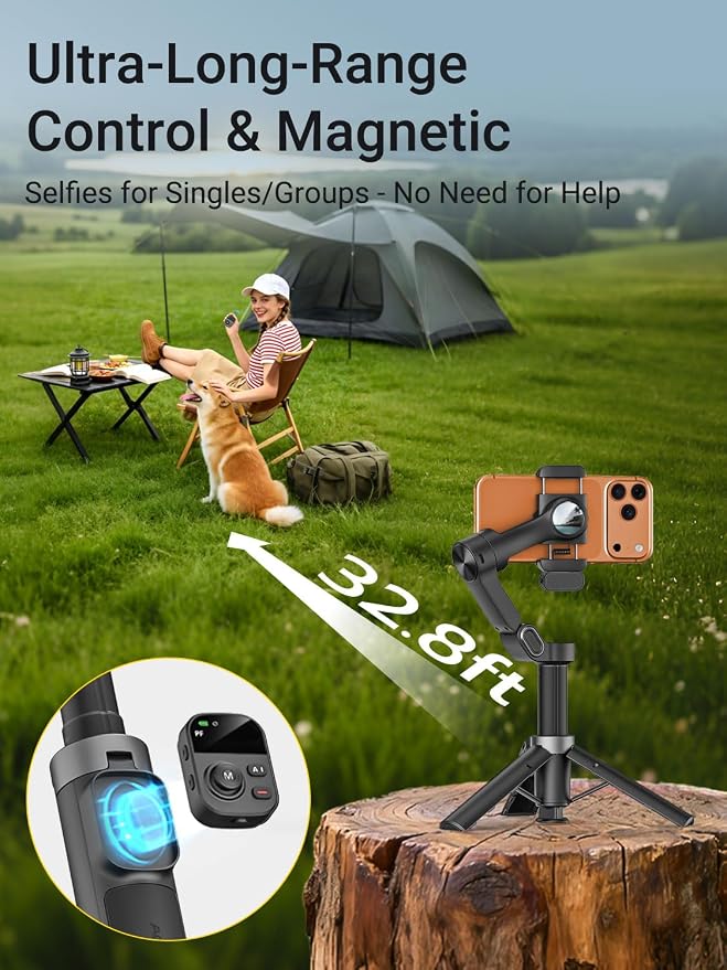 AOCHUAN AI Face Tracker Gimbal Stabilizer for iPhone w/Magnetic Remote | 360° Pan Rotation 3-Axis Gimbal for iPhone, Stabilizer w/Light, Built-in Extension Rod & One-Touch Open Tripod, Volg, Sport - Image 2