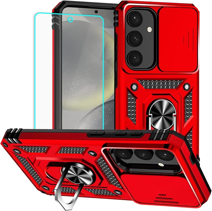 HNHYGETE for Samsung S25 Case with Screen Protector: [Military Grade 20ft. Drop Tested] Slide Camera Cover Ring Shockproof Protective Phone Case for - Samsung Galaxy S25 (Red) by HNHYGETE