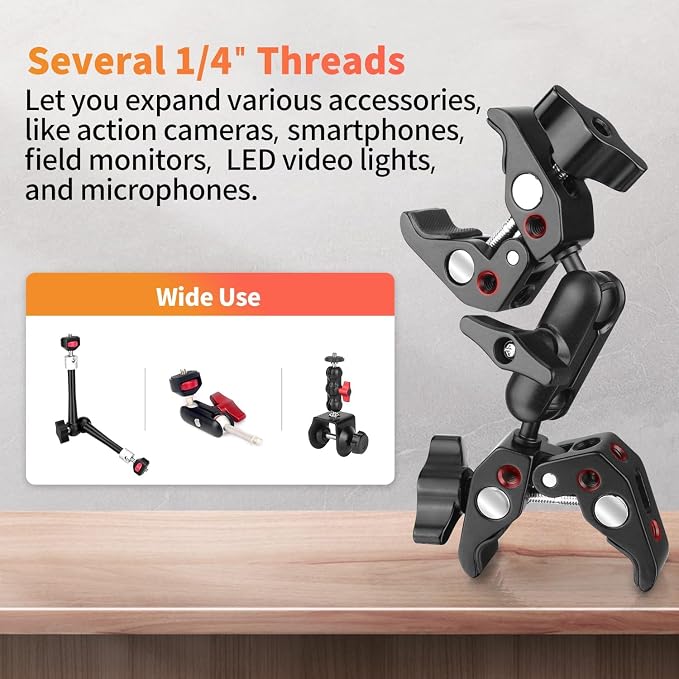 Double Super Clamp Camera Mount, Umbrella Holder w/ 360° Ballhead | Aluminum, silicone pads, grips 0.5-2.3" rods, flat 0-1.97", 1/4" thread, 3" arm, for bike, stroller, light stand, reflector - Image 5