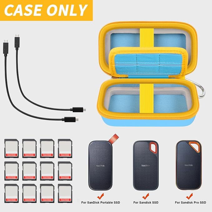 Comecase Dual SSD Case for SanDisk Extreme Portable SSD and Extreme PRO | Holds 2 Drives & 12 SD Cards, Elastic Strap Fit 500GB/1TB/2TB/4TB/8TB, Cable Groove & Carabiner for Travel,Sky Blue,Box Only - Image 2