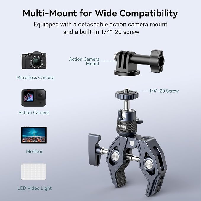 SMALLRIG Camera Mount Clamp, Gopro Motorcycle and Bike Handlebar Mount Kit, Super Clamp for DSLR, Action Camera, Gopro, Insta360, LED Light, Monitor, Max Load 3.5KG - Image 2