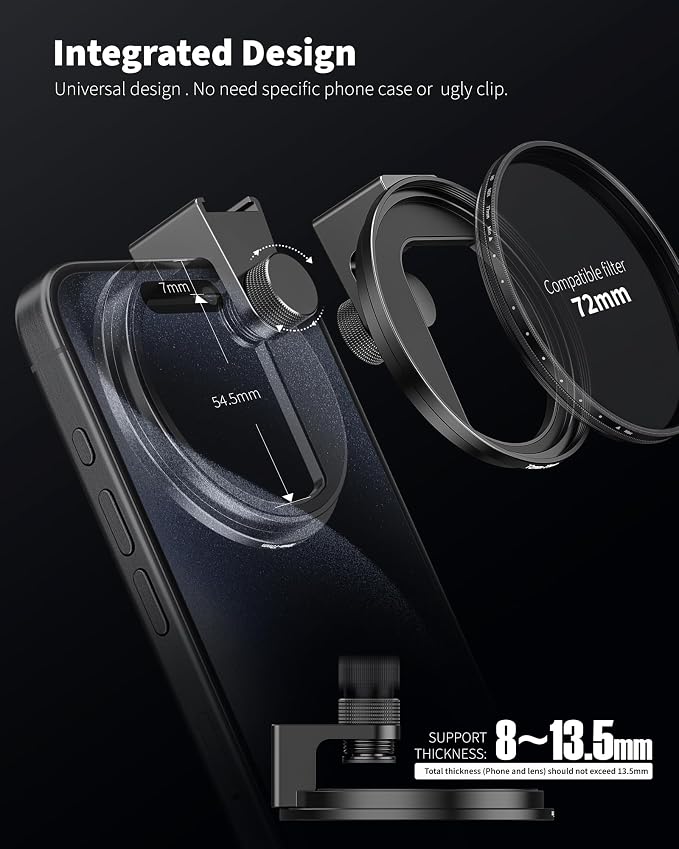 72mm Phone Filter Mount Lens Filter Adapter with Cold Shoe Mount, Compatible with 72mm Round Camera Filters, Compatible with iPhone 17 16 15 14 13 12 11 10 Pro Max Plus Samsung Galaxy S24 Ultra - Image 4