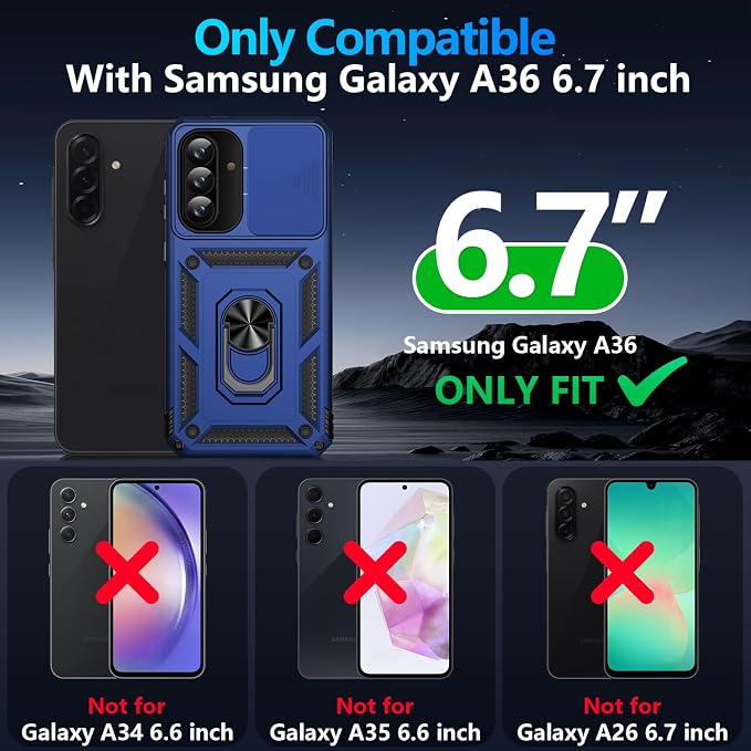 Taisairu for Samsung Galaxy A37 Case/A36 Case with Screen Protector & Slide Camera Lens Cover, Built-in Ring Stand Shockproof Protective Case for Samsung A37 5G Case/Samsung A36 5G Case (Blue) - Image 9