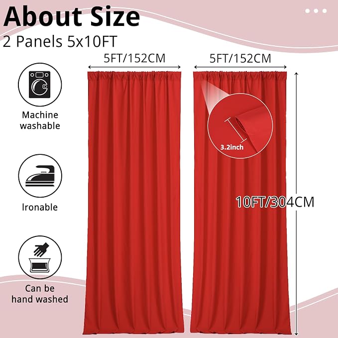 10x10FT Red Backdrop Curtains for Parties, 5x10FT 2 Panels | Wrinkle Resistant Fabric Drapes for Photography Birthday Wedding Background Decorations Easy Hang Multipurpose Use - Image 3